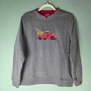 Heritage Charm Womens Large Crew Neck Gray Red Truck Pullover Holiday Christmas